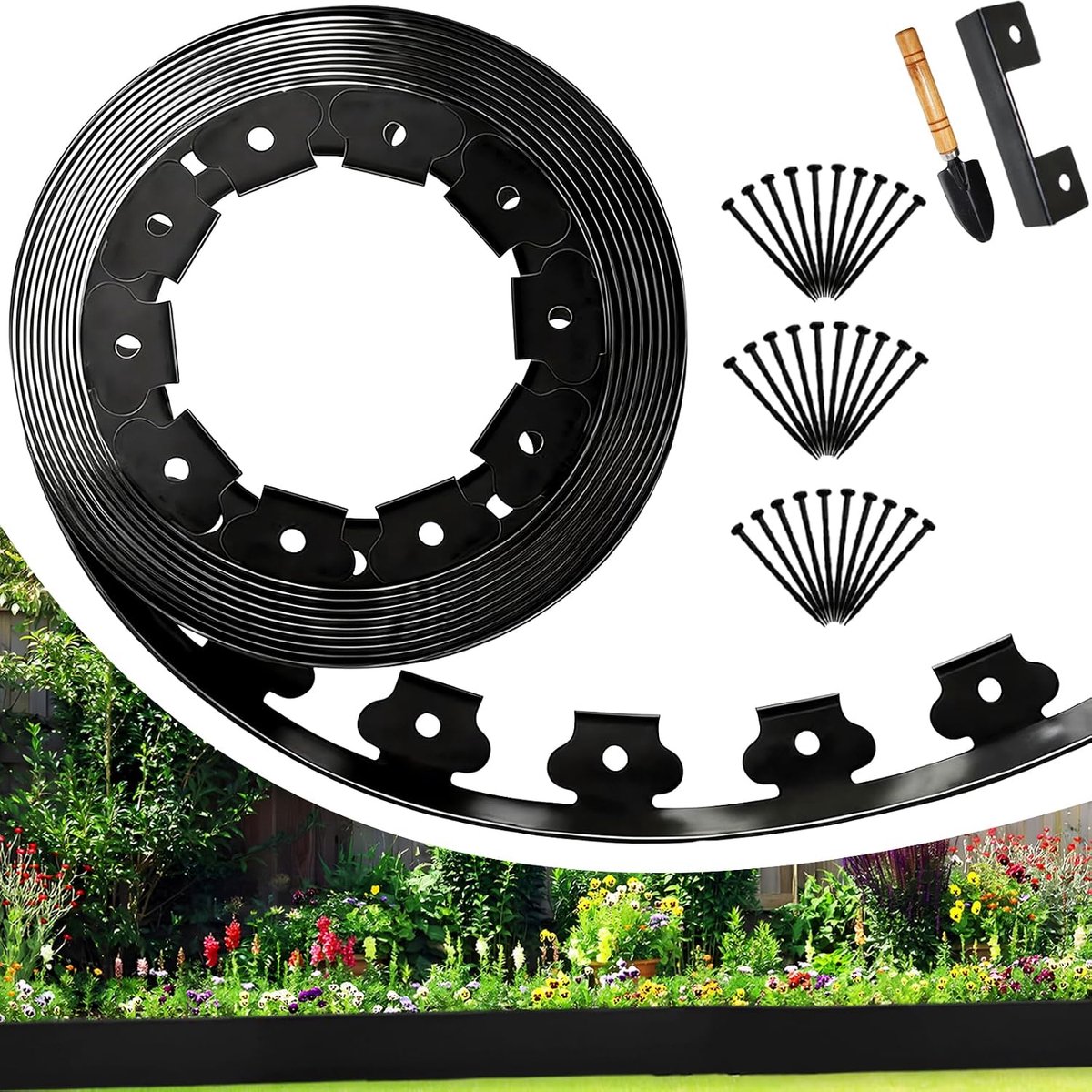 Flexibele kunststof grasrand 10cm x 10m - gerecycled plastic - met 30 grondankers - ideaal voor tuinen - ShopVlot