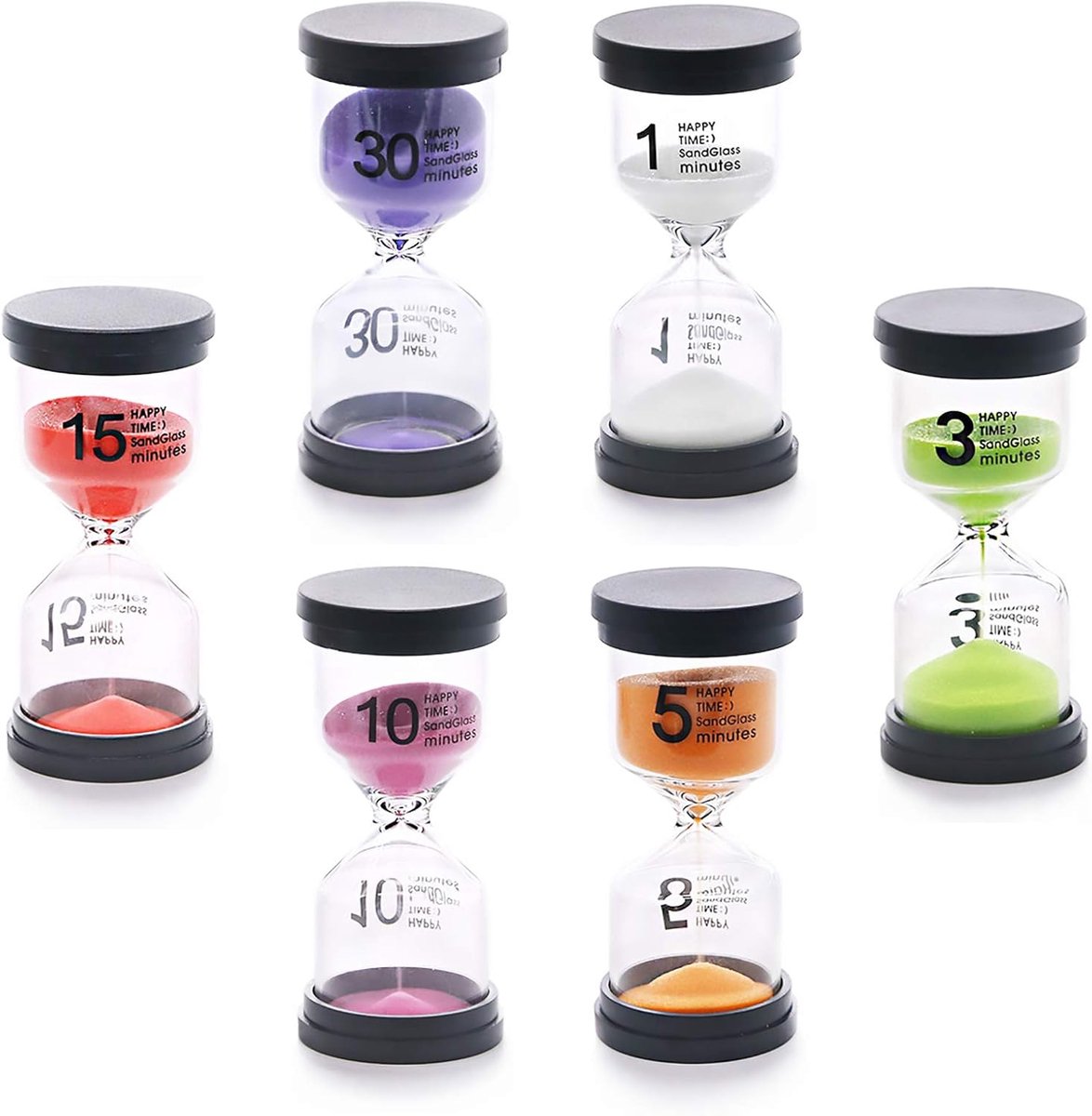 Thijox - 6 Pack Zandloper Set in 6 Kleuren - 1/3/5/10/15/30 Minuten Zand Timers voor Thuis, Keuken, Klaslokaal en Kinderen - Duurzaam PVC en Borosilic