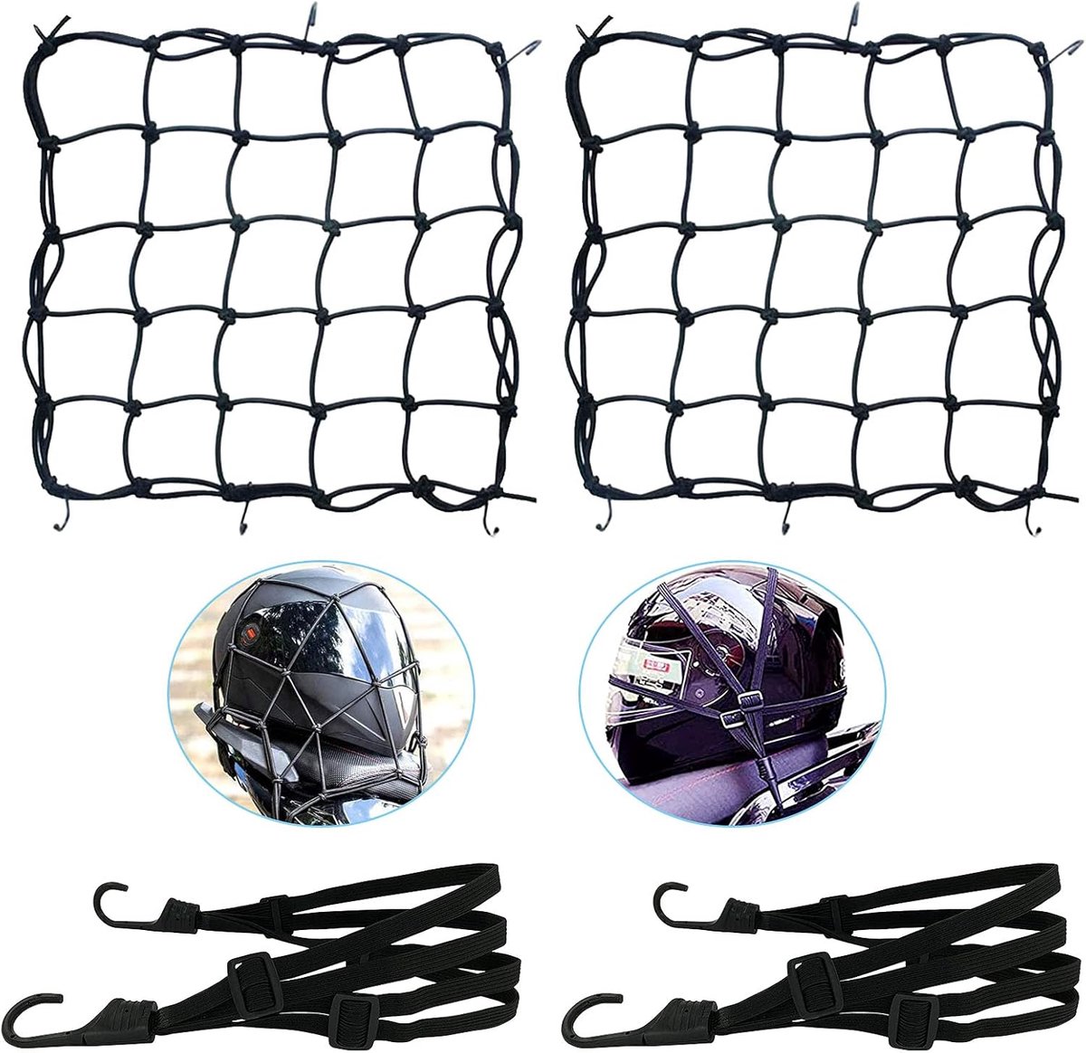 SnelShoppen - Set van 4 Elastische Motorfiets Bagagenetten met Fietshaken en Spanbanden, Zwart - 40x40cm en 60cm voor Veilig Transport