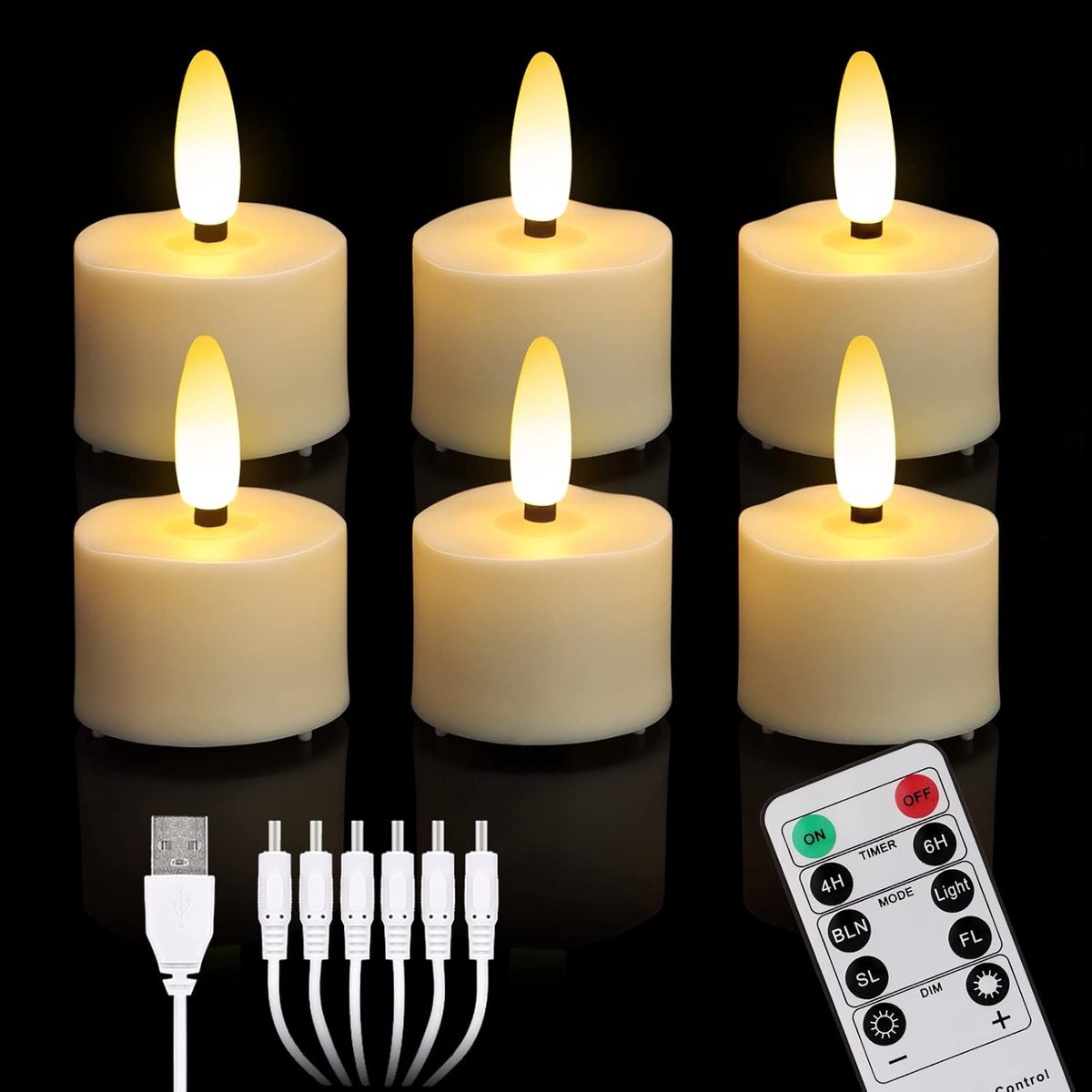 LED theelichten set van 6 - oplaadbaar met afstandsbediening - warm wit knipperlicht - ideaal voor decoratie - ShopVlot