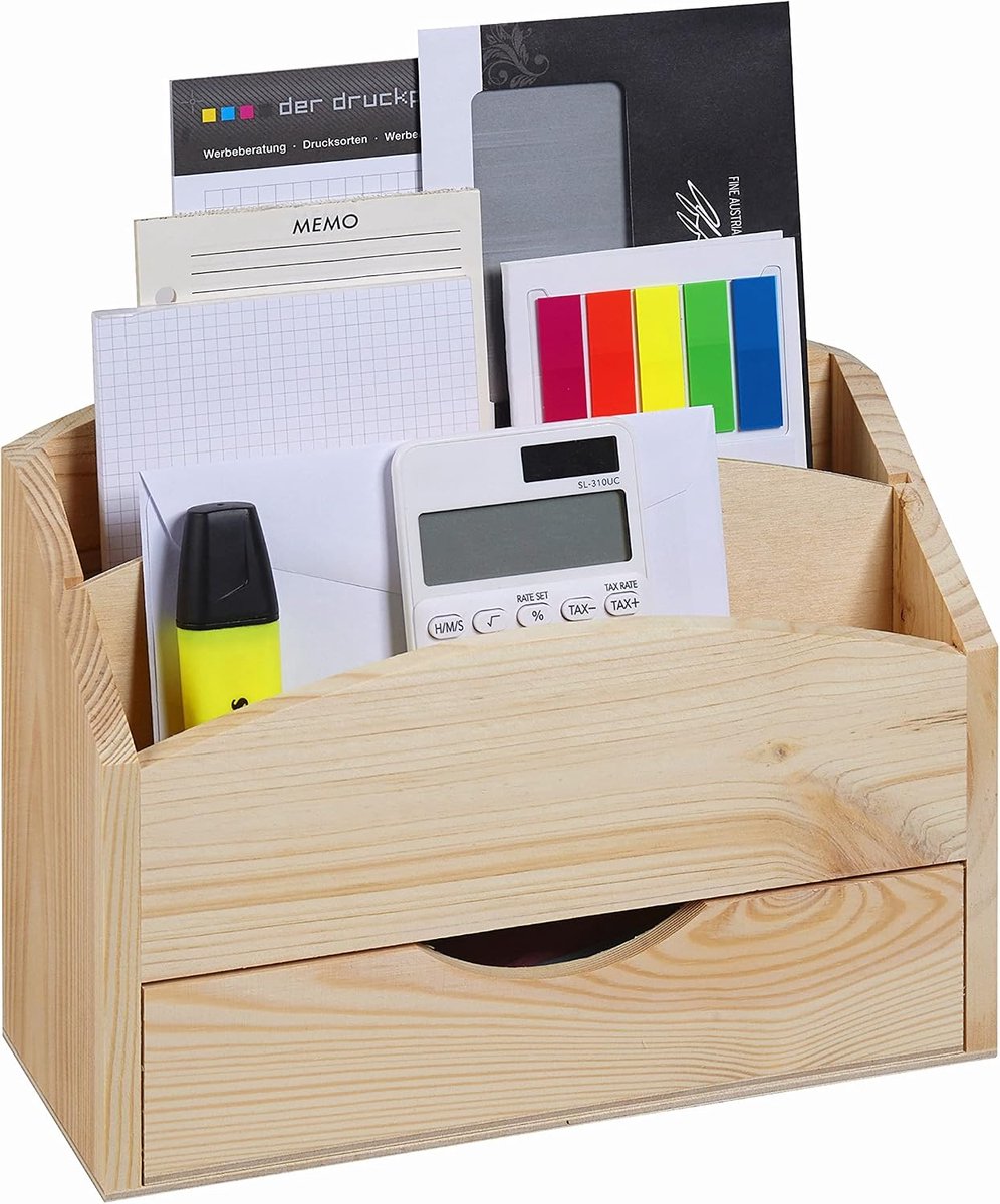 Desk Organiser met Lade - Vurenhout - 2 Compartimenten - Perfect voor Documenten - ShopVlot