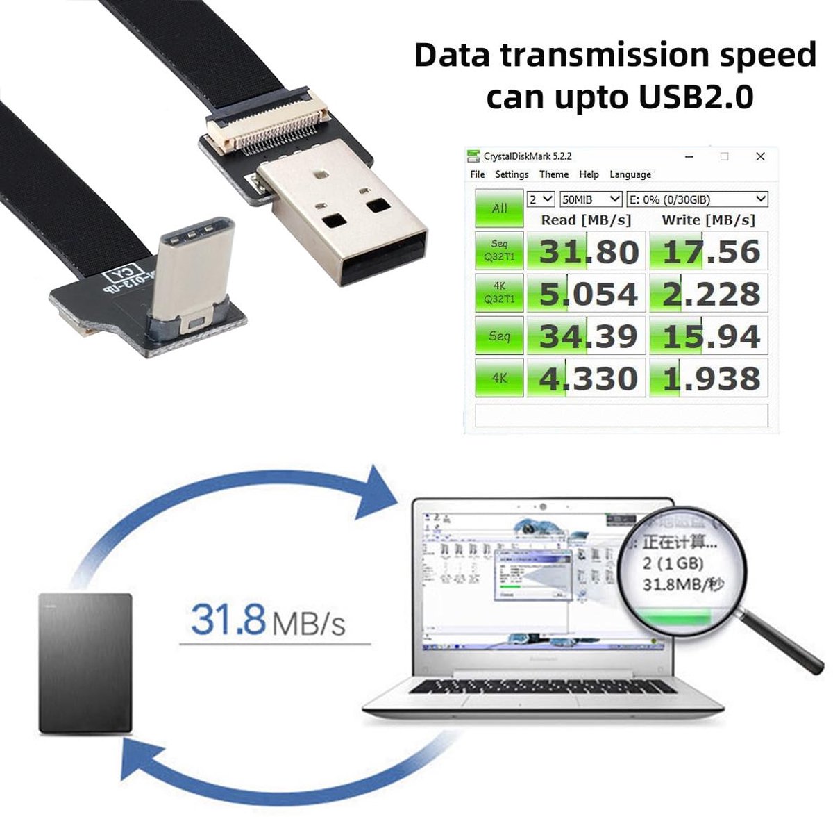 USB 2.0 Type-A naar USB-C kabel 50cm - plat en flexibel - geschikt voor FPV en camera's - snelle datatransfer - ShopVlot