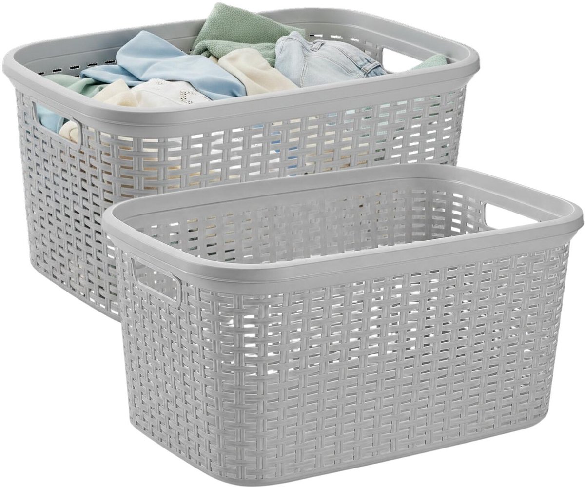 Plasticforte Wasmand - 2x - 35 liter - rotan - licht grijs - kunststof - 53 x 36 x 26 cm - draagmand - met handvatten - lichtgewicht