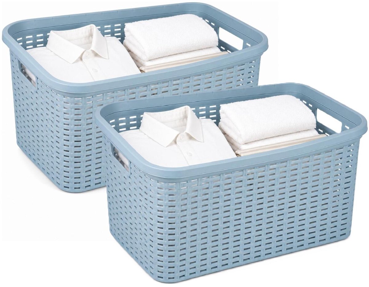 Plasticforte Wasmand - 2x - 35 liter - rotan - blauw - kunststof - 53 x 36 x 26 cm - draagmand - met handvatten - lichtgewicht