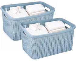 Plasticforte Wasmand - 2x - 35 liter - rotan - blauw - kunststof - 53 x 36 x 26 cm - draagmand - met handvatten - lichtgewicht