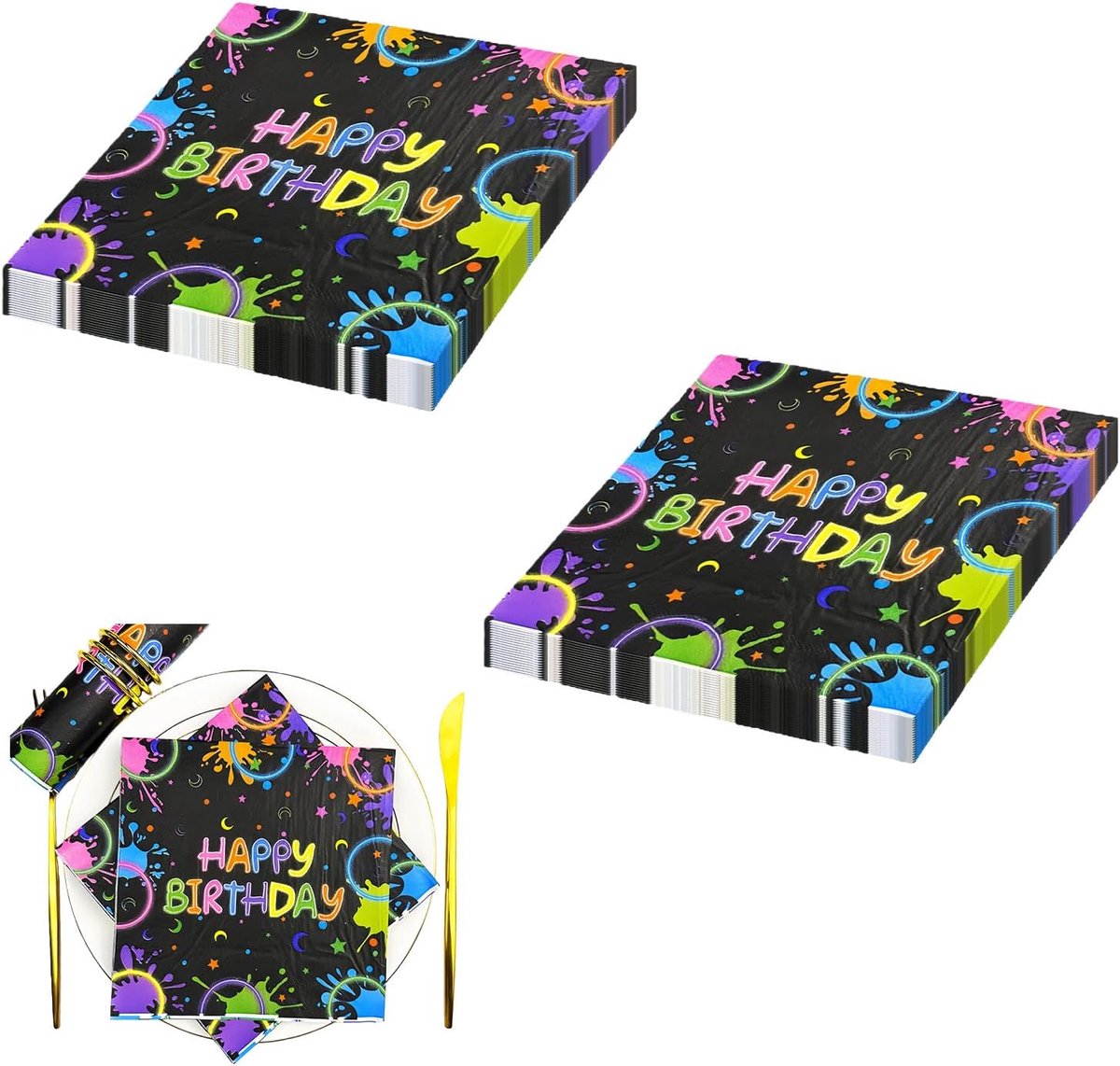 Verjaardagsservetten papier 40 stuks - 33x33 cm neon kleuren - feestdecoratie voor kinderfeestjes - SnelShoppen