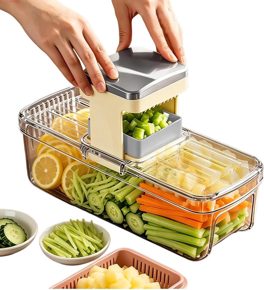 Voedselhakker met Bak - Groentesnijder Keuken - Maaltijden Voorbereiden - Verwisselbare Messen - 30 x 15 x 10 cm - Transparant