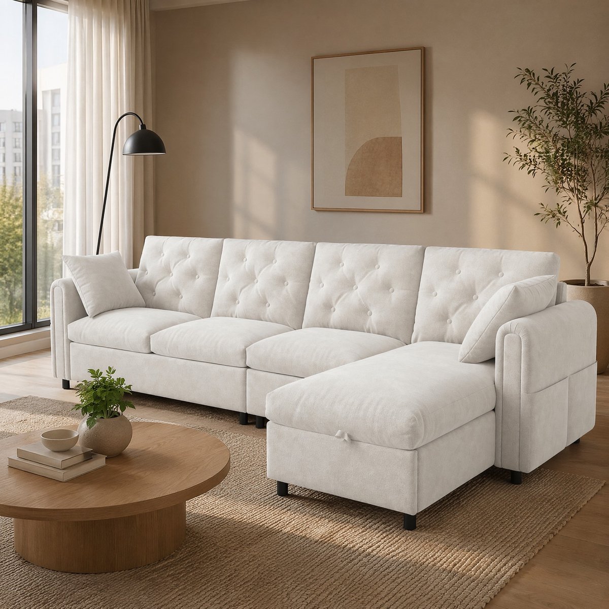 MEUNIQ L-hoekbank met opbergruimte en slaapfunctie, verstelbaar links of rechts, fluwelen bekleding, gecapitonneerde rugleuning, voor de woonkamer in beige