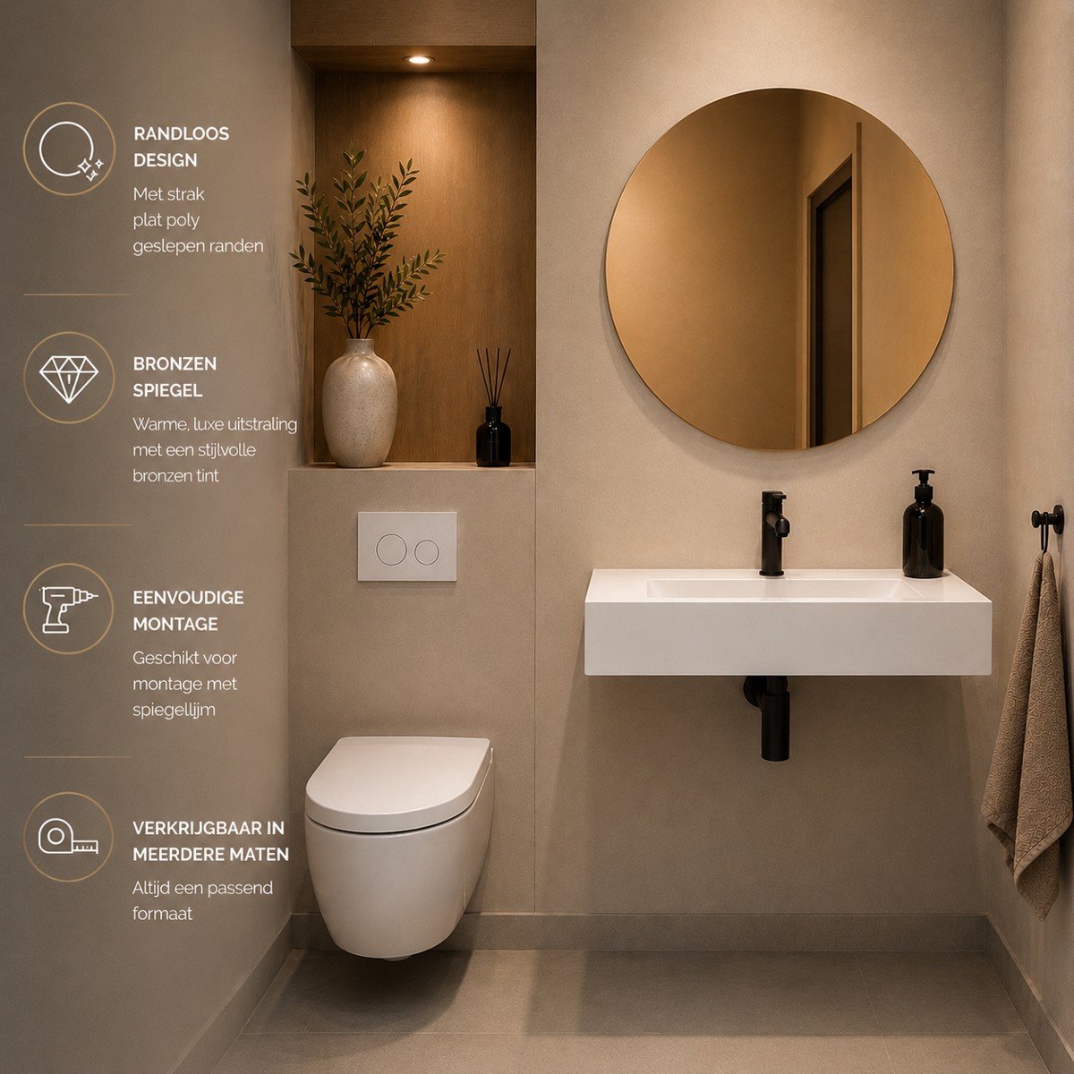 Wandspiegel - Rond - Diameter 400 mm - Brons - Met montageset - In Nederland Geproduceerd - Top Kwaliteit Wandspiegel Zonder Lijst