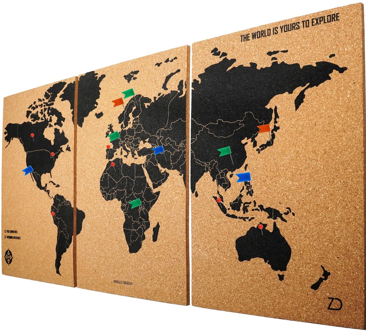 Kurk Wereldkaart Wanddecoratie 60 x 30 cm - Ecologische Reisposter - 3 Zelfklevende Panelen met Kleurige Duimspijkers - ShopVlot