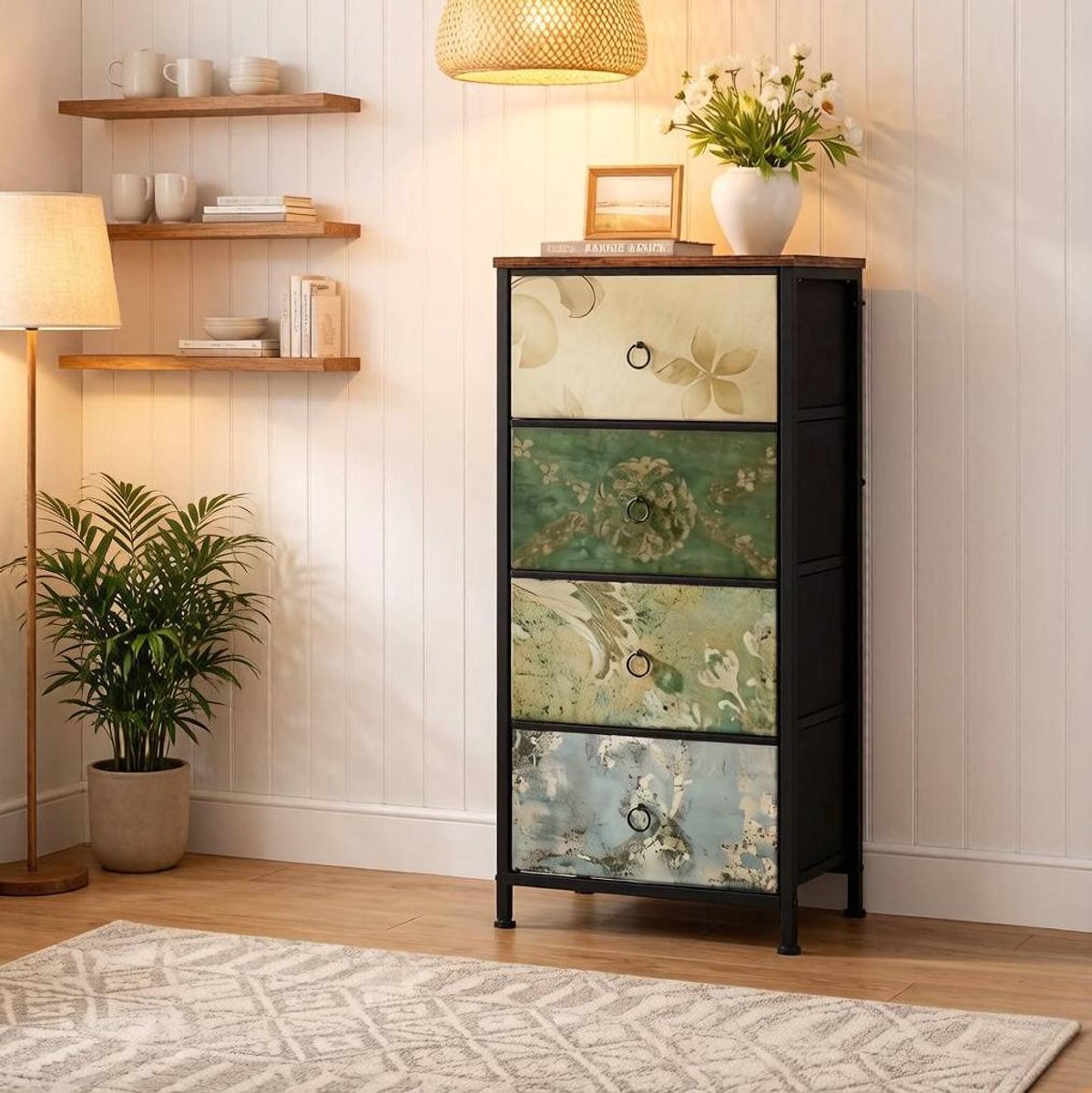 MODENUIT Opbergkast Met 4 Lades - Stoffen Lades En Metalen Frame - Woonkamer En Hal - Bruin - 45 x 94,5 x 30 cm