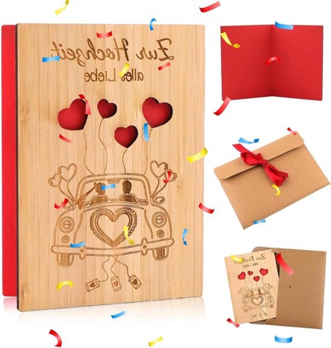 Houten bruiloftskaart met envelop - 15 x 11 cm voor verjaardag, geldgeschenken en meer - Valentijnsdag, jubileum, uitnodigingskaarten