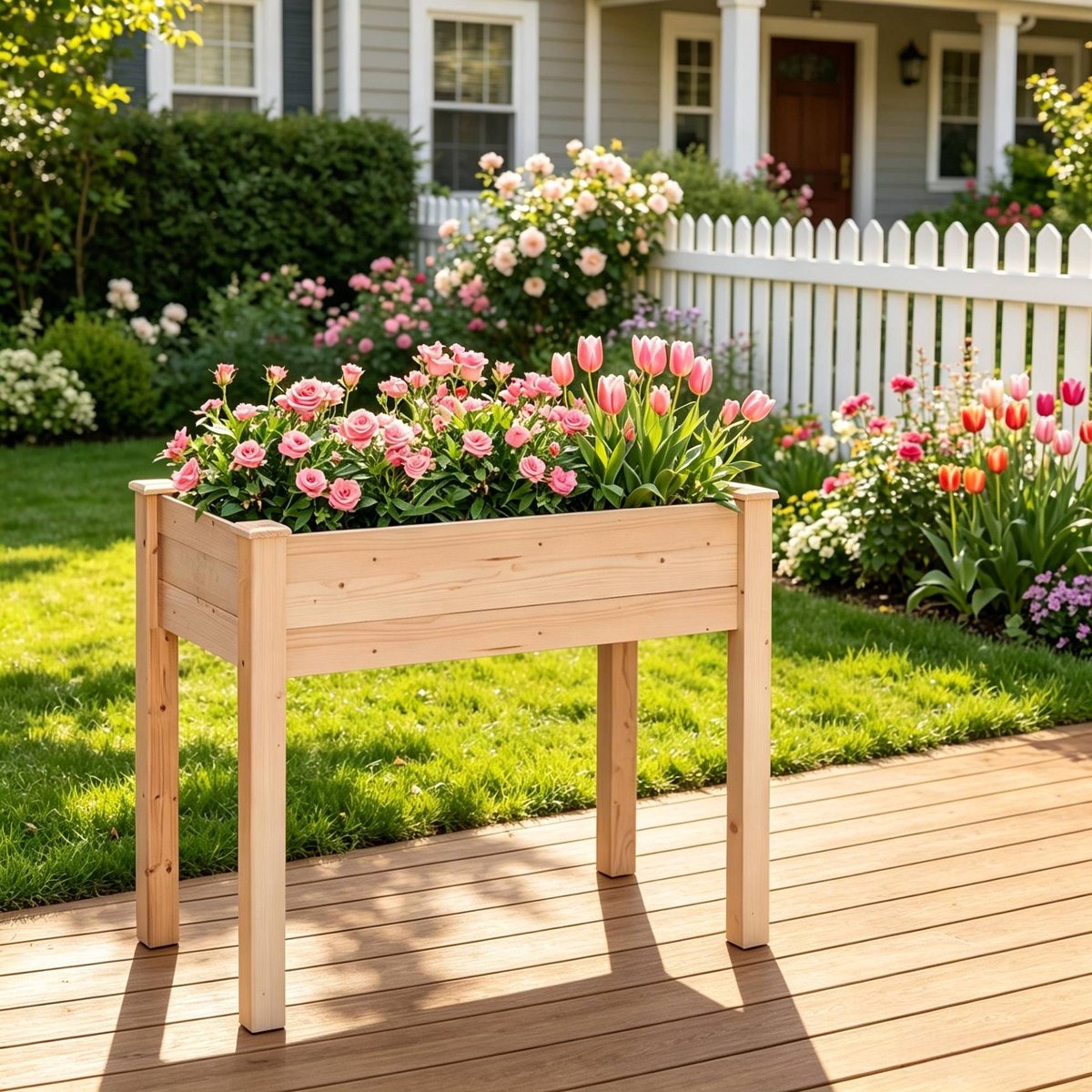 MIVRAY Moestuinbak Verhoogd 86 x 46 x 76 cm Vurenhout Natuurlijk Hout Met Poten Voor Buiten Groenten Kruiden En Bloemen