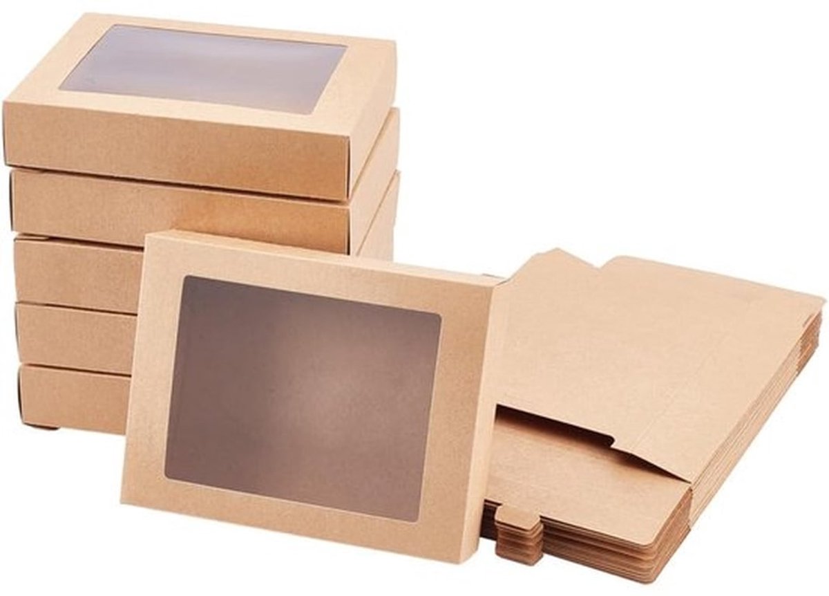 24 stuks Camel geschenkdoos, gevouwen papieren dozen, koekjesbakkerij, Kraft-traktatie met een venster van 10 x 7,5 cm voor feestgunsten en sieradenverpakkingen, 14,5 x 10,5 x 2,5 cm afgewerkt