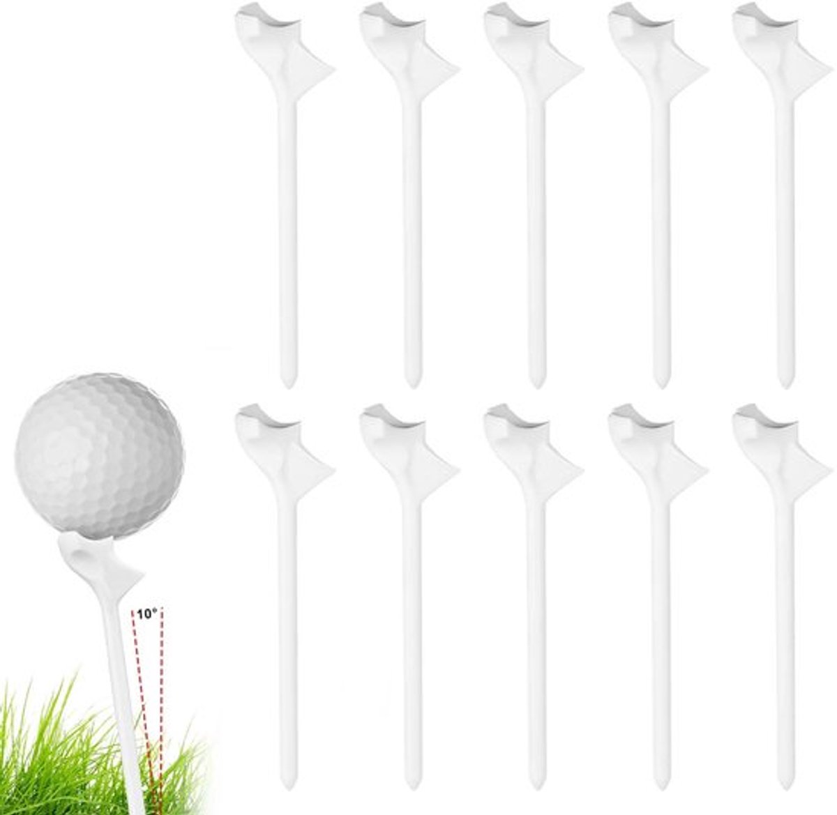 10st Golftees, 10 Graden Golftees Kunststof Golfsimulator Tees Professioneel Golf Oefenhulpmiddel Golftrainingaccessoires voor Buitengazon Golfbaan (Wit)