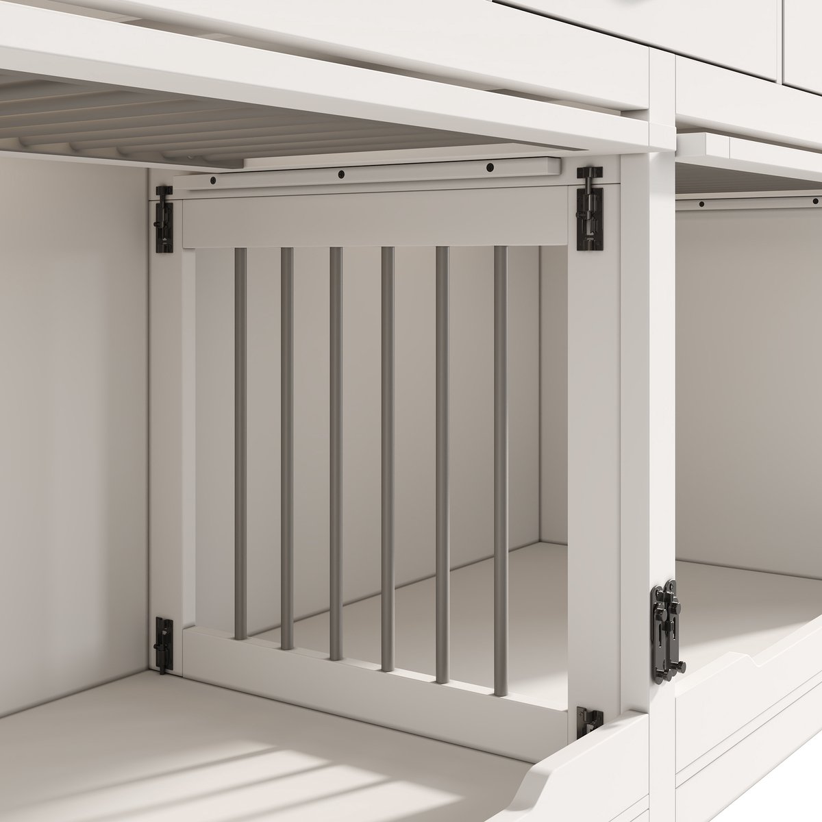 MIVRAY Hondenbench – Voor 2 Honden Met Uitneembaar Scheidingspaneel En 3 Lades – 164 x 60 x 81 cm – Hout En Metaal – Wit Zwart – Voor Woonkamer En Hal