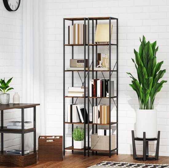 Boekenkast 6 Lagen - 2-Delig Stalen Frame Met X-Versteviging - 30 X 30 X 174,5 Cm - Hout - Rustiek Bruin - Voor Woonkamer, Kantoor En Slaapkamer — afbeelding 3