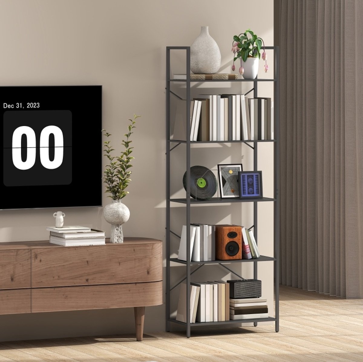 Boekenkast 5 Planken – Open Industrieel Design – 60 x 30 x 170,5 cm – Metaal – Zwart – Voor Woonkamer, Kantoor En Werkkamer