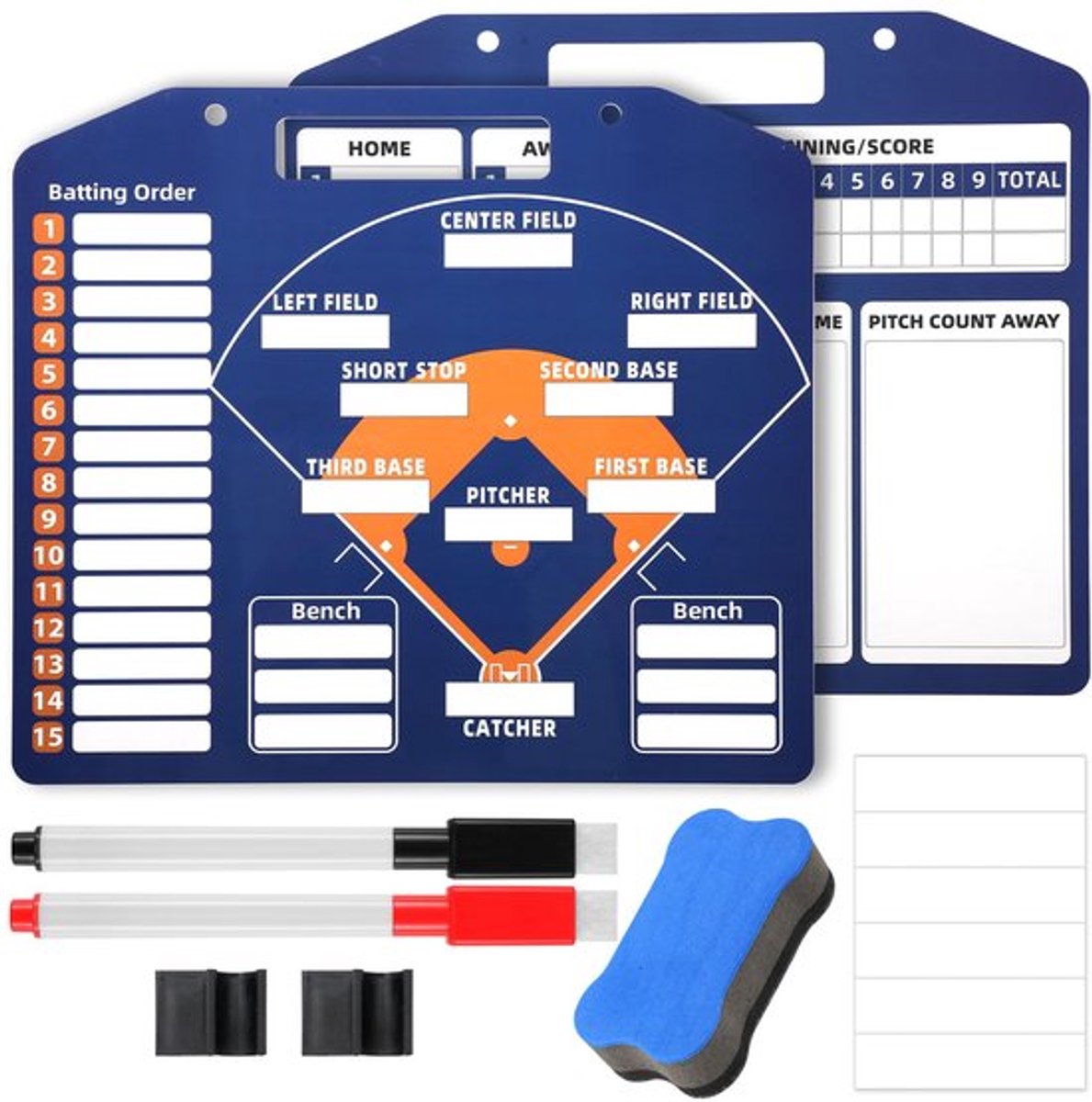 Magnetisch honkbal-setupbord, 32x28 cm honkbalklembord, setup-kaarten voor dug-out softbal, whiteboard met stift, trainingsuitrusting voor coaches, coachingaccessoires (marineblauw)