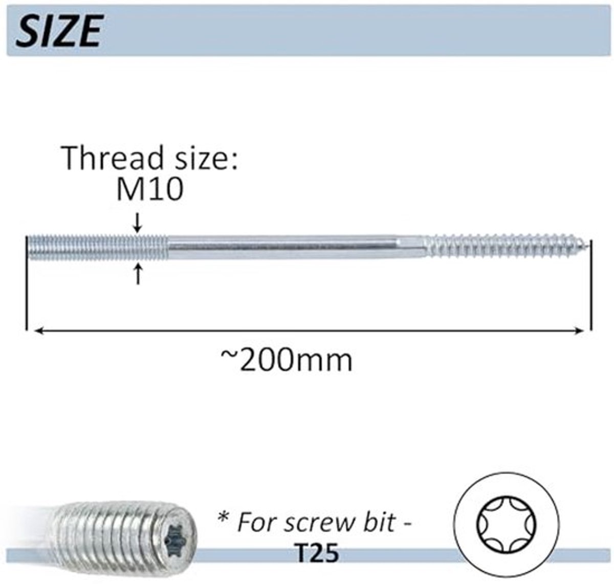 C75903 - Set van 12 schroeven met dubbele draad M10 x 200 mm - Stalen schroefstang - T25 sterafdruk