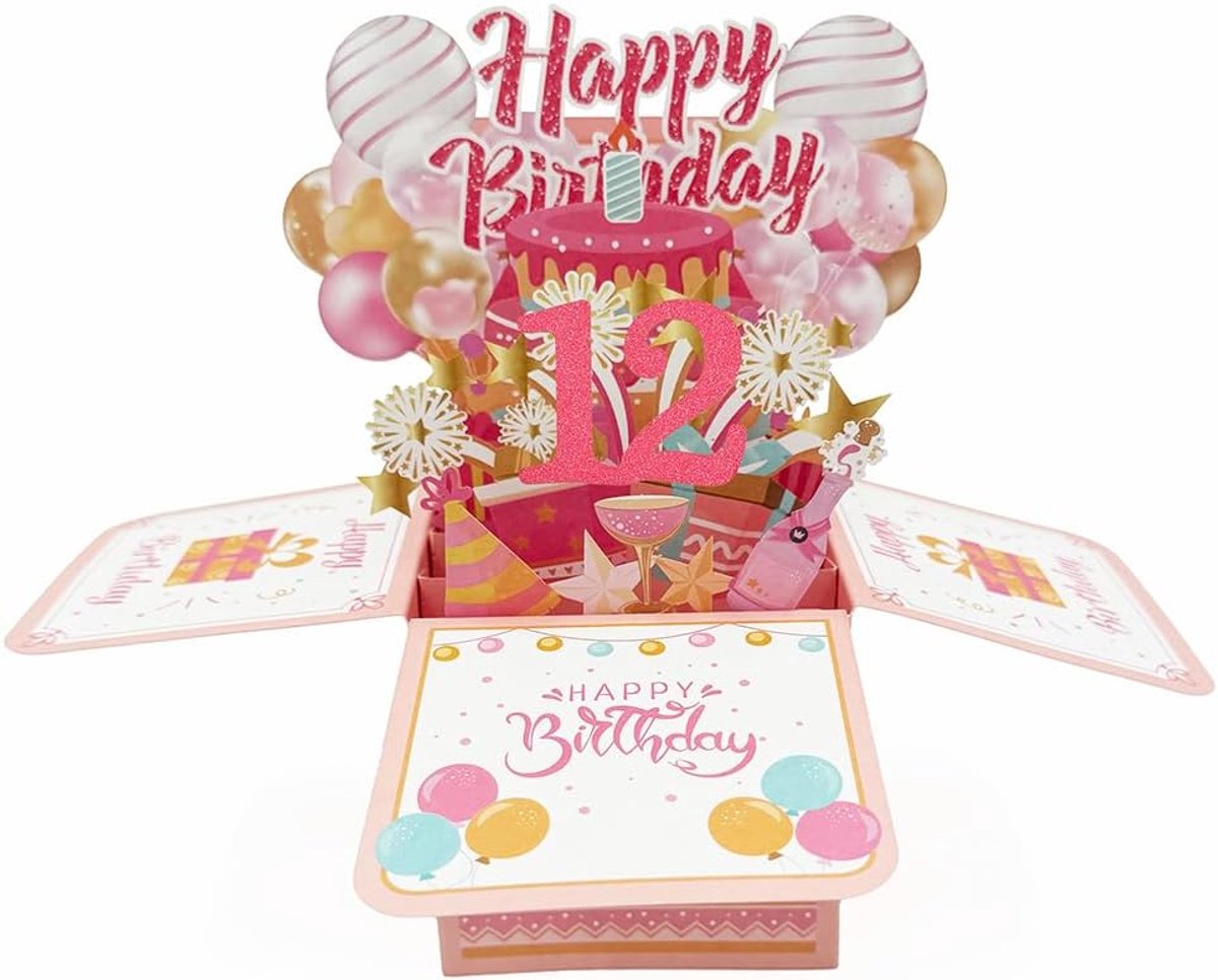 Pop-up verjaardagskaart 12 jaar - 3D ontwerp - vrolijke decoratie - perfect cadeau voor dochter - ShopVlot