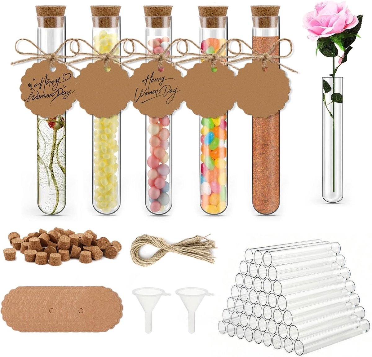 Kurkproefbuizen set van 50 - 100 x 16 mm - plastic met labels en touw - ideaal voor vloeistoffen - ShopVlot