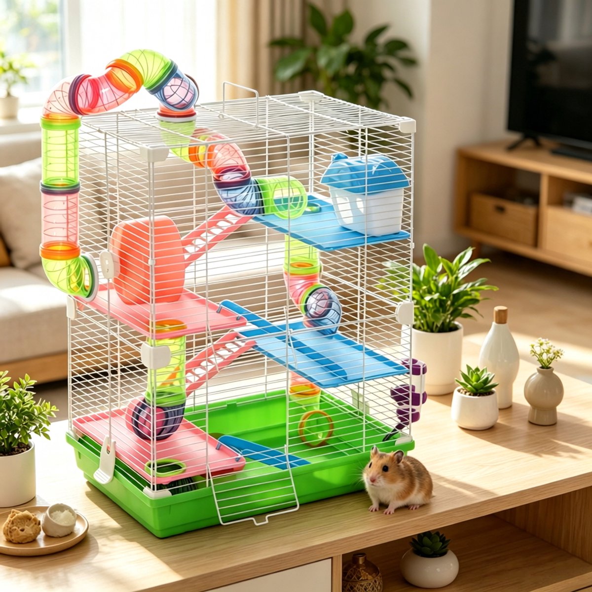 FloraGrace Kooi – Meerlaagse Speelruimte – 46 x 30 x 58 cm – Metaal En Polypropyleen – Groen – Voor Hamsters En Kleine Knaagdieren