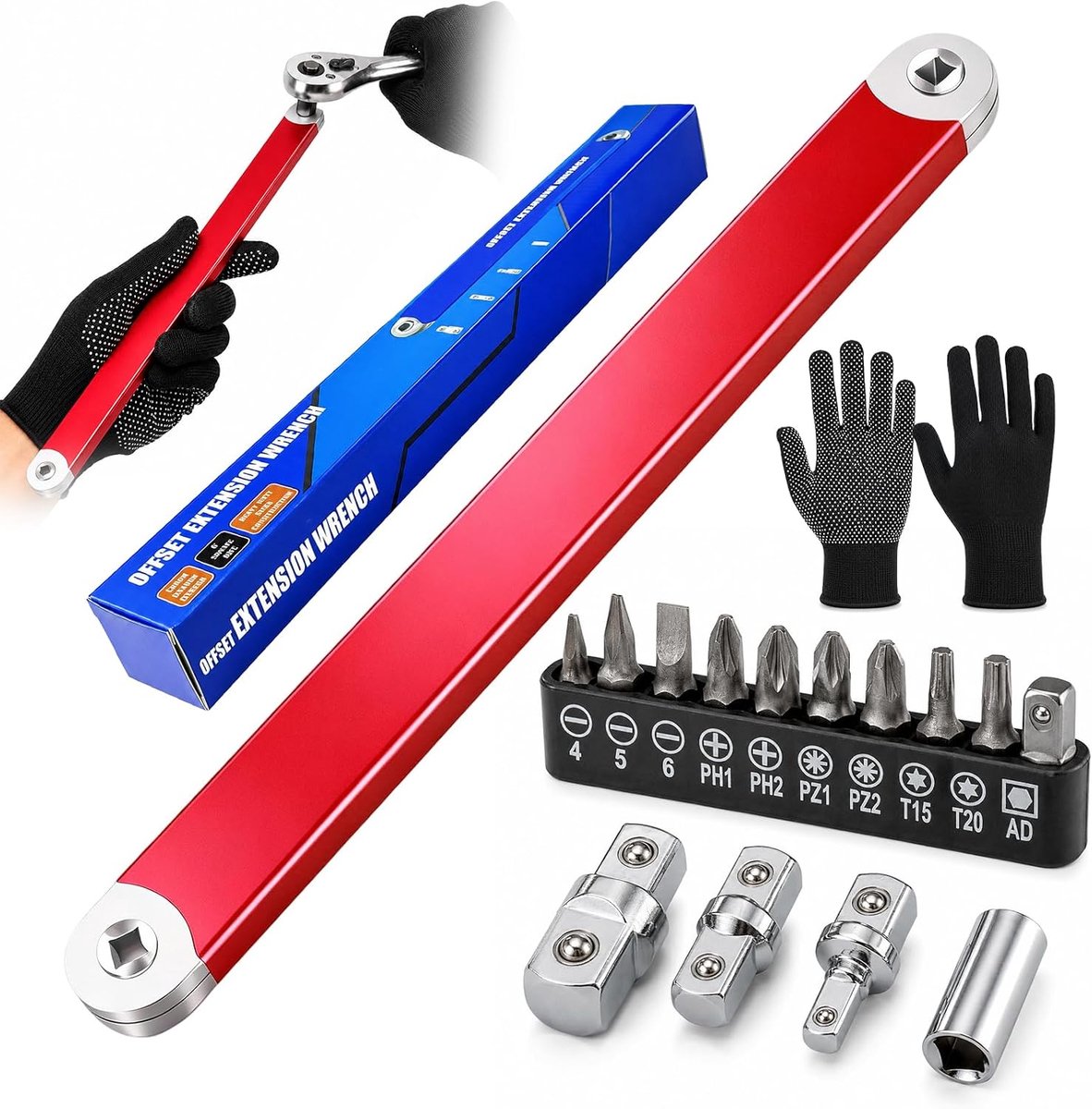 Offset sleutel verlengsleutel 15,4 inch - gebogen verlengsleutel - met adapters en bits - ideaal voor nauwe ruimtes - ShopVlot