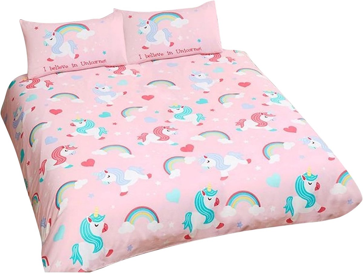 Dekbedovertrek eenpersoons 200 x 200 cm - roze eenhoorn en regenboog - inclusief twee kussenslopen - machinewasbaar - ShopVlot