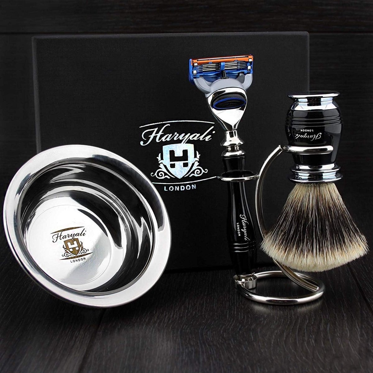 Scheerset 4-delig - Luxe scheermes met silver tip badger borstel - Dubbele standaard en scheerkom - ShopVlot