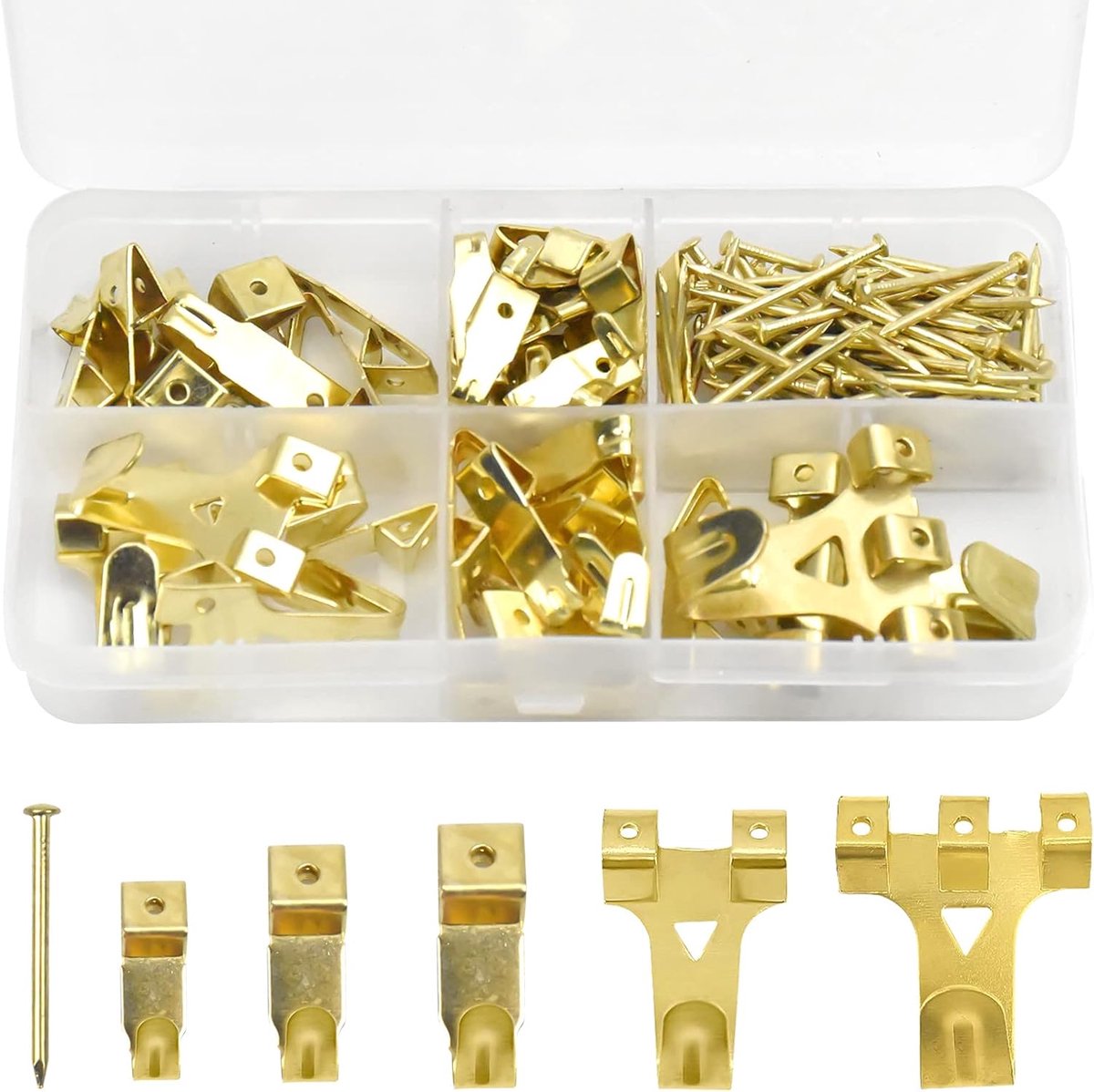 Fotohaken set van 130 - goudkleurig - assortiment met haringen - ideaal voor thuis of op kantoor - ShopVlot