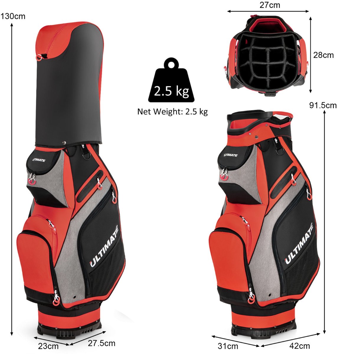 SureDeal® - Golf - Lichtgewicht - Draagbare Golftas - Verdelers over Volledige - 42x31x130 cm - Zwart + Rood