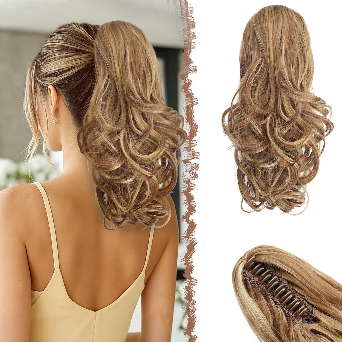 Ponytail Extensions met Claw, 35cm Lichtbruin & Gemengd Blond Krullend Synthetisch Haarstuk voor Vrouwen - Perfect voor Feestjes en Dagelijks Gebruik