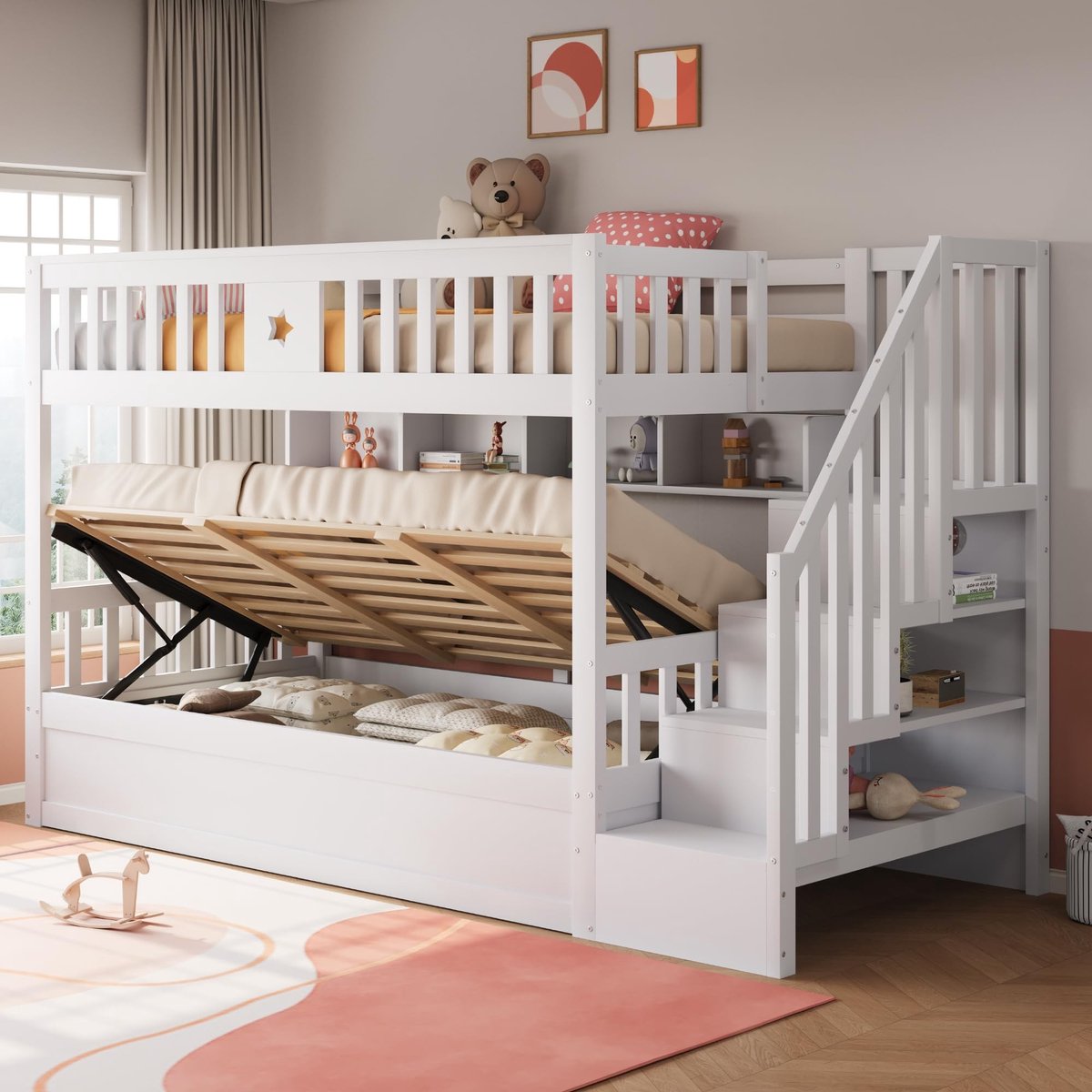 Stapelbed voor Kinderen - 90 x 200 cm - Houten Hydraulische Onderbed met Opbergruimte