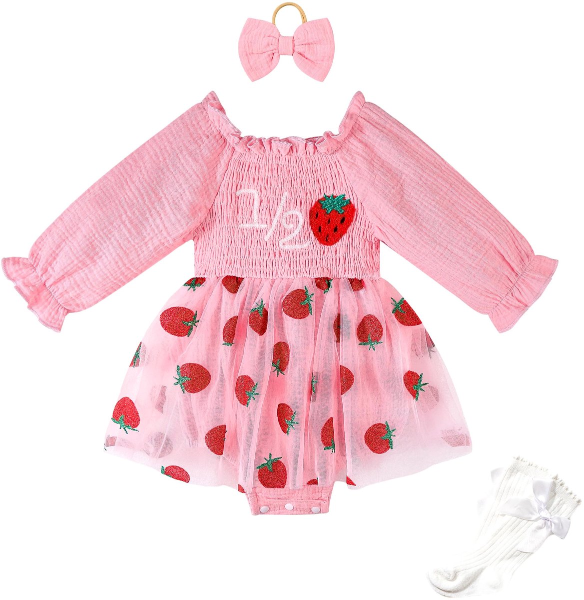 Baby Meisjes Romper Set - Lange Mouwen met Tulle en Hoofdband - Roze Aardbei