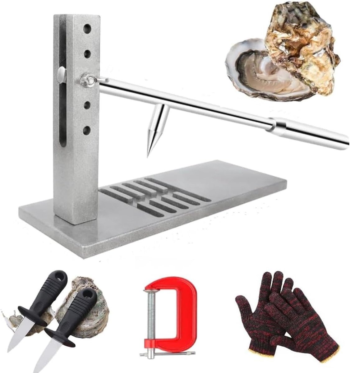 Professionele oestermes set voor veilig openen van oesters, inclusief handschoenen en bevestigingsclip, ideaal voor oesterliefhebbers