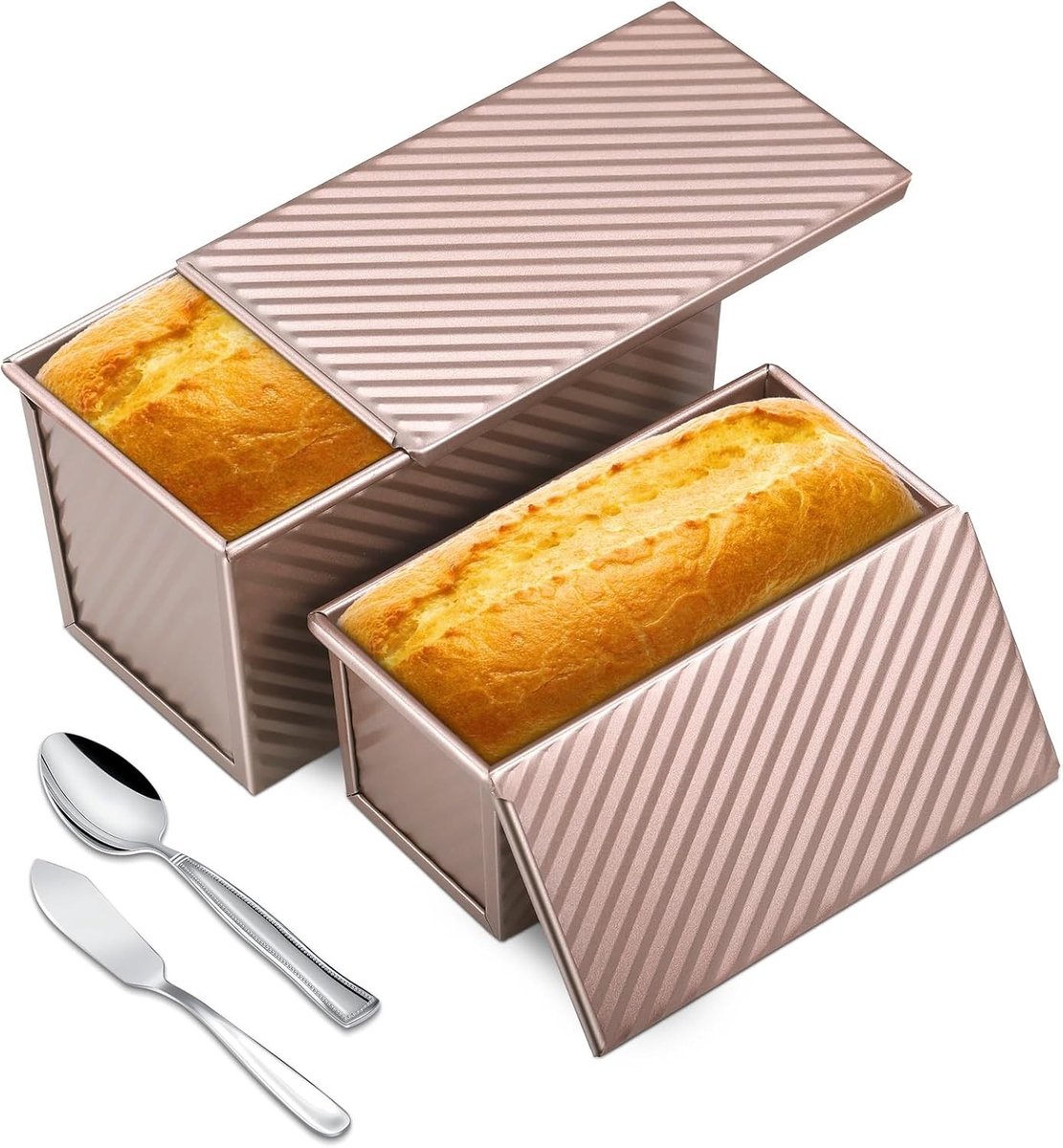 Broodbakvorm met Spatel en Lepel, Set van 2, 450 g en 230 g, Antiaanbaklaag, Ideaal voor Taarten en Toast met Deksel