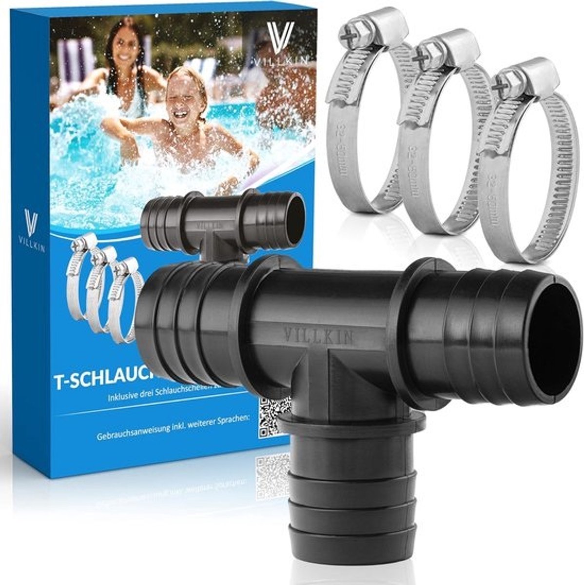 SnelShoppen - T-hose connector 38 mm - T-stuk slangverbinding voor zwembad luchtslangen - Compleet met 3 slangklemmen - Zwart voor eenvoudig gebruik