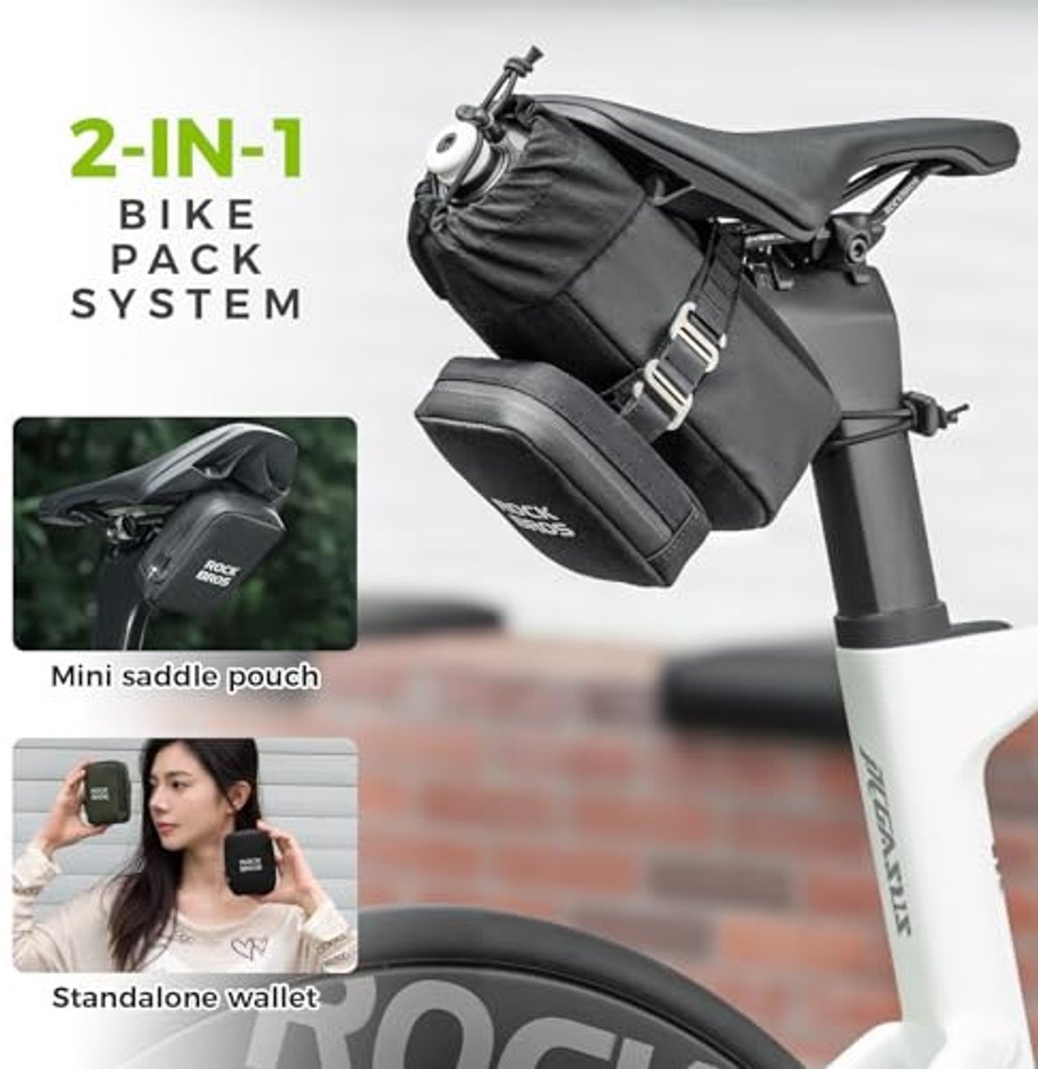 Fiets zadeltas met 0.7L fles en 0.3L mini pouch - Compacte opslag - Zwart met groen