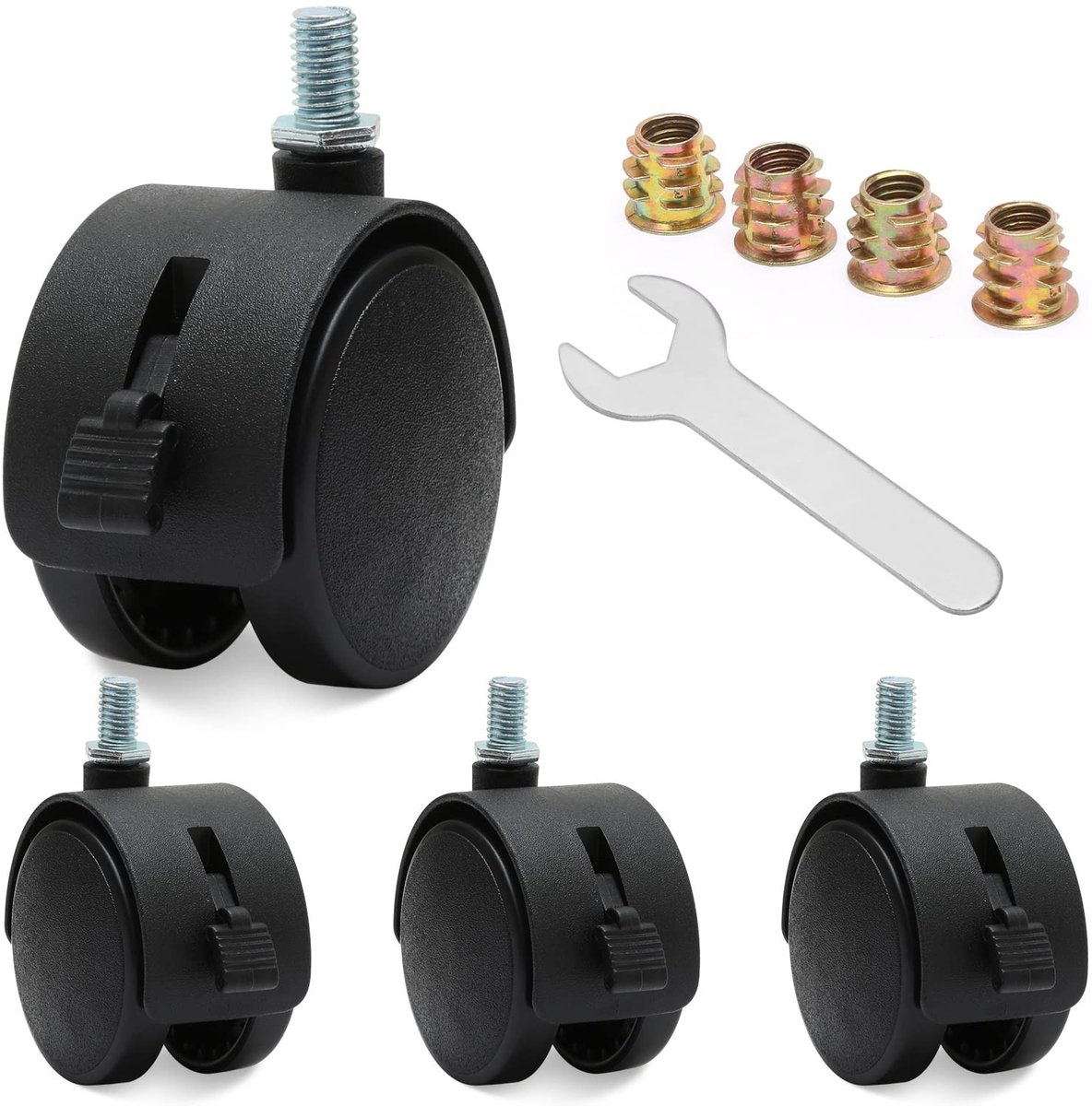 Set van 4 Zwarte 2 Inch Nylon Rollen met Rem, Inclusief M7.5 Draad en Sleutel voor Meubels en Apparatuur