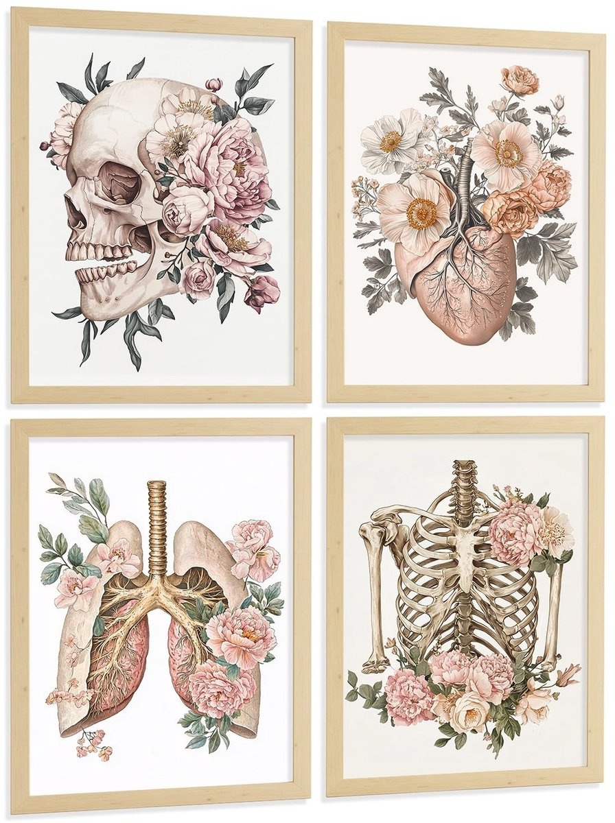 Set van 4 Vintage Wanddecoratieposters - Menselijke Anatomie met Bloemenmotief