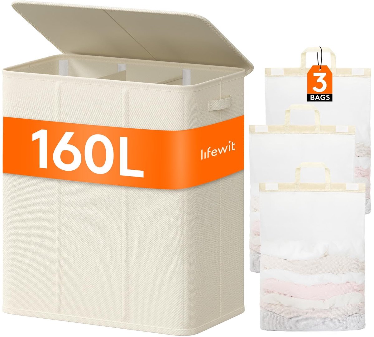 Wasmand met 3 Compartimenten - Extra Groot met Deksel - 160 Liter