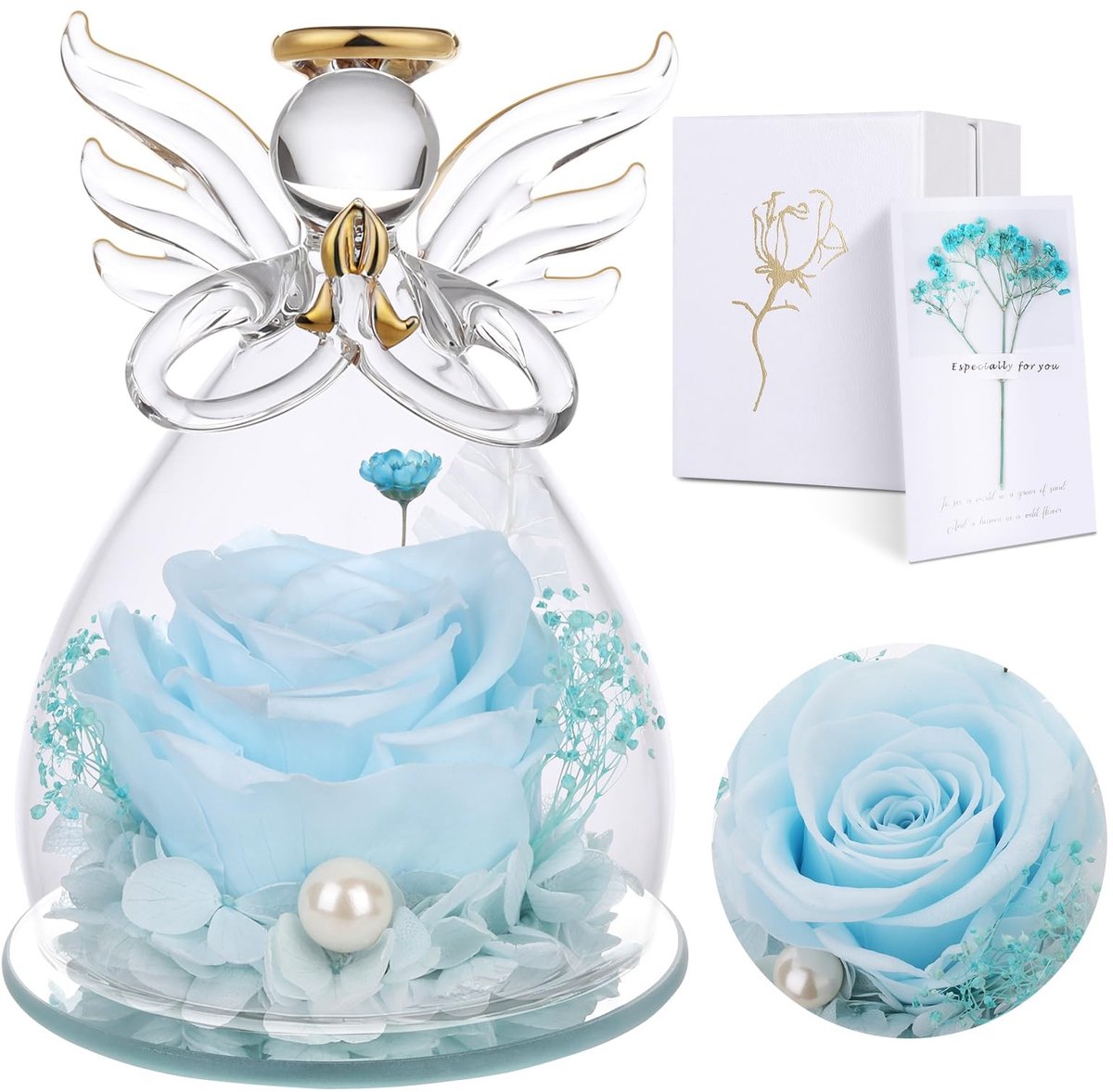 Eenvoudige Rozen in Terrarium - Voor Binnen met Engel en Geschenkdoos