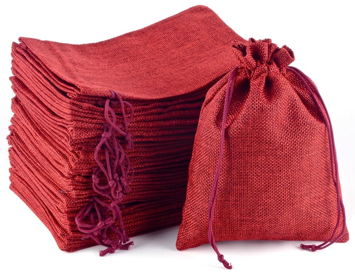 Jute Tassen - 30 Stuks met Trekkoord - Rood