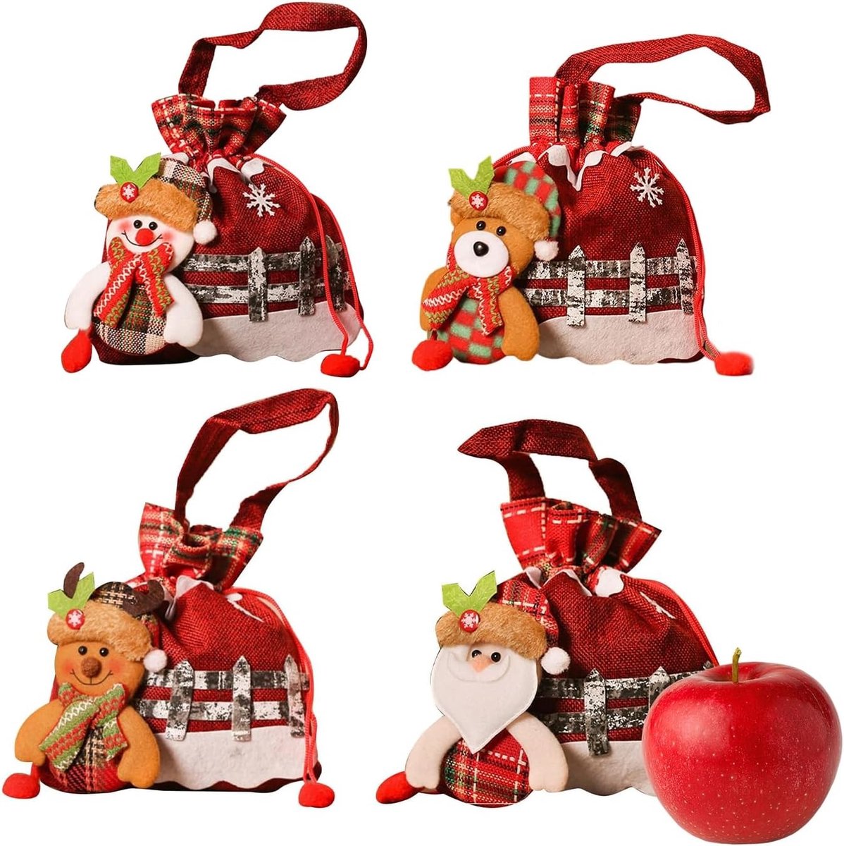 4 Stuks Kerst Cadeautassen, Leuke Santa Claus Trekkoord Tassen, Perfect voor Kerstmis, Snoepzakken en Cadeaus