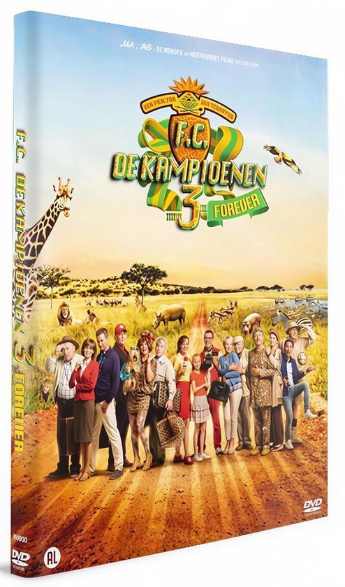 DVD-hoes met de cast van FC De Kampioenen Forever, met dieren op de achtergrond.