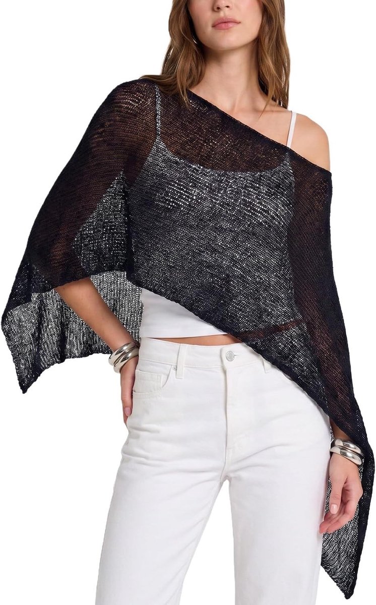 Transparante Poncho voor Dames | Lichtgewicht en Ademend | Perfect voor Strand en Zomer, Asymmetrische Zoom, Zwart met Opengewerkte Details