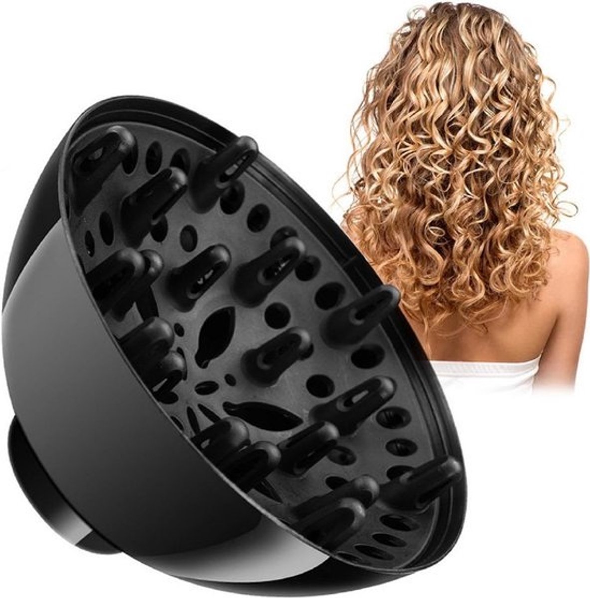 Universele Haardiffuser - Haarstyling Opzetstuk - Krullend Haar Föhnen - Minimaliseert Pluis - 14.5 x 14.5 x 8 cm - Zwart