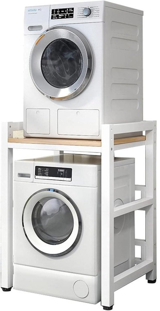 Drogerstandaard - Wasmachine Opbergrek - Ruimte Besparen - In Hoogte Verstelbaar - 400 kg Draagvermogen - Wit Frame Licht Walnut