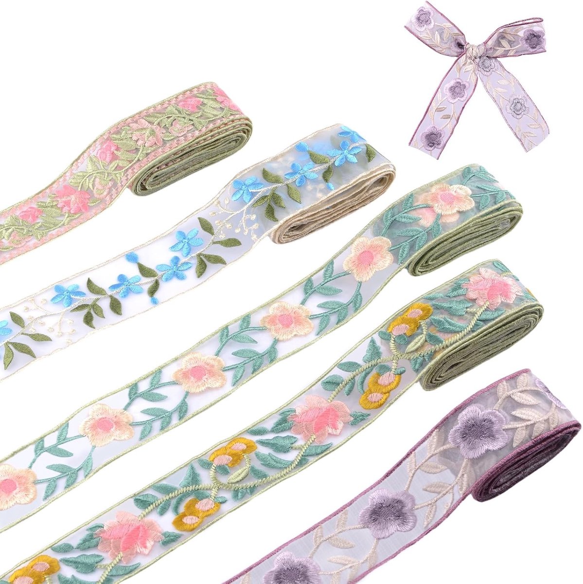 Bloemen Borduurwerk Linten voor DIY Naaien en Ambachten, Vintage Jacquard Tapes, 3,3 Yards Organza, Perfect voor Cadeauverpakking en Thuisdecoratie, 5 Rollen